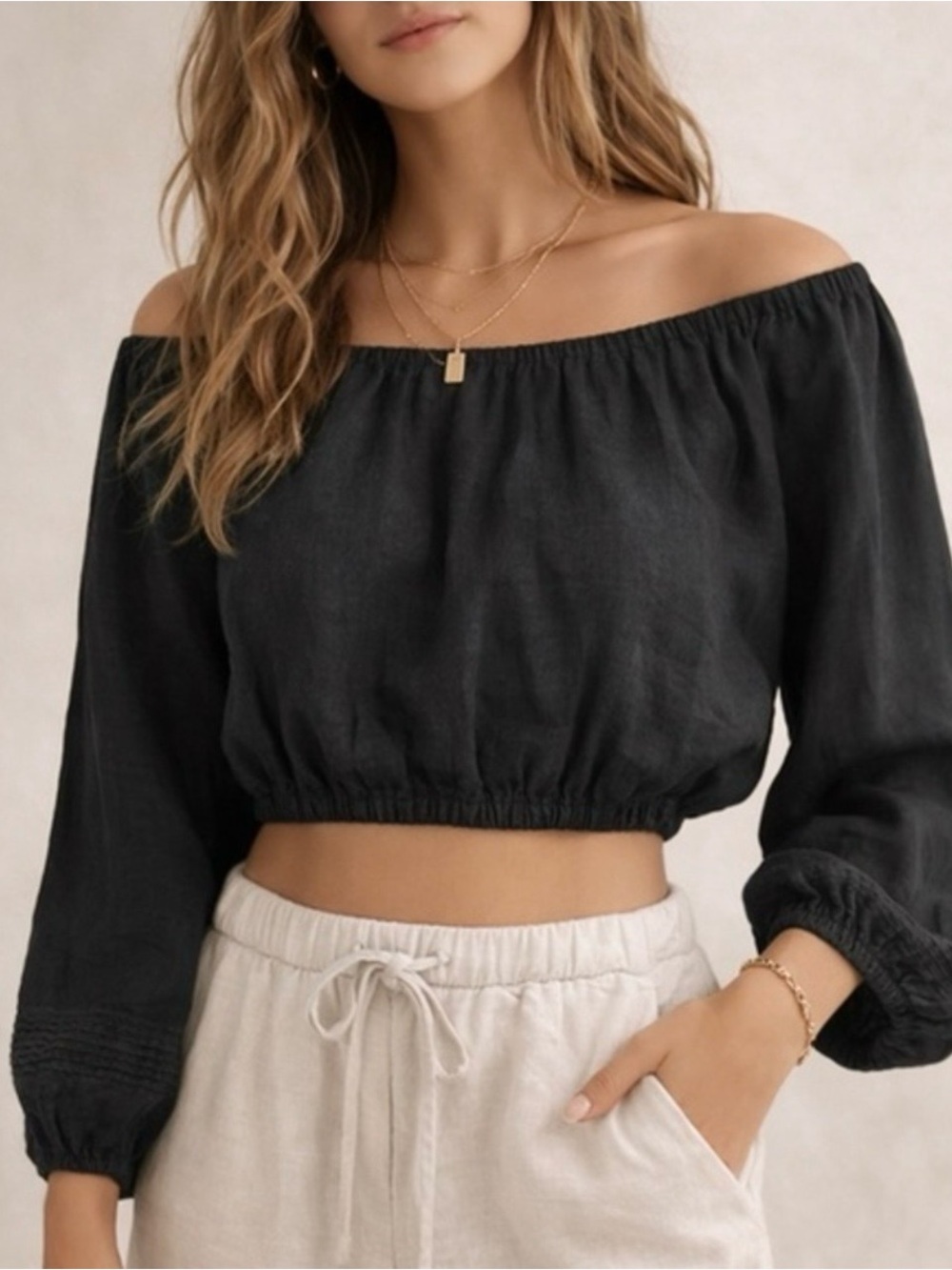 A PIECE PART Maestra 100% Linen Black Cropped Peasant Blouse Boho Size S